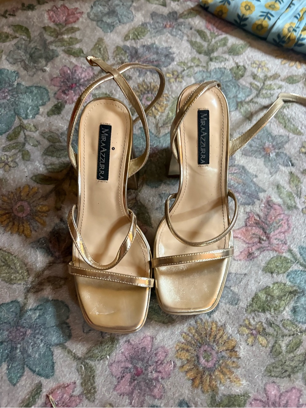 Gold Strappy Block Heel Sandals - Women's